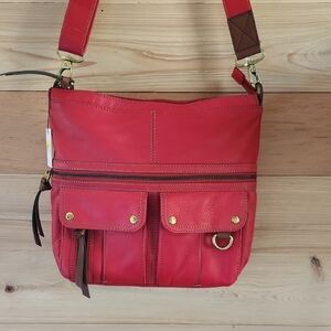 Fossil Red Crossbody Bag with Pebbled Leather and Silver Accents